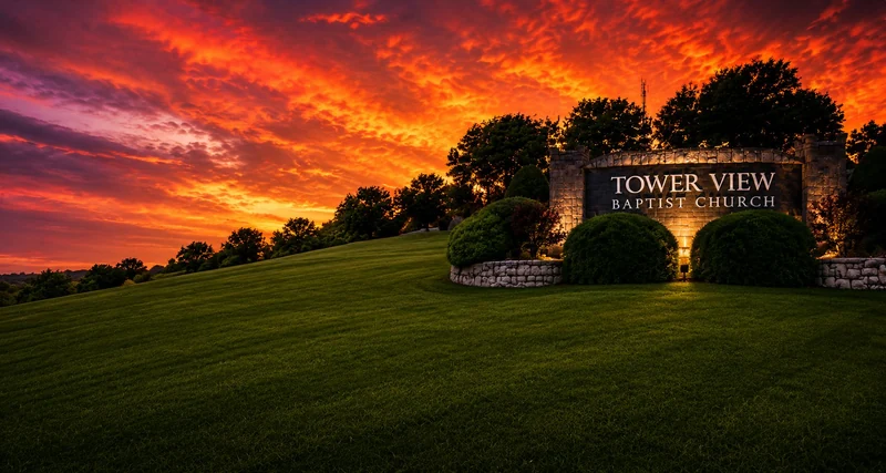 Tower View’s stone church sign and grounds in the warm evening light